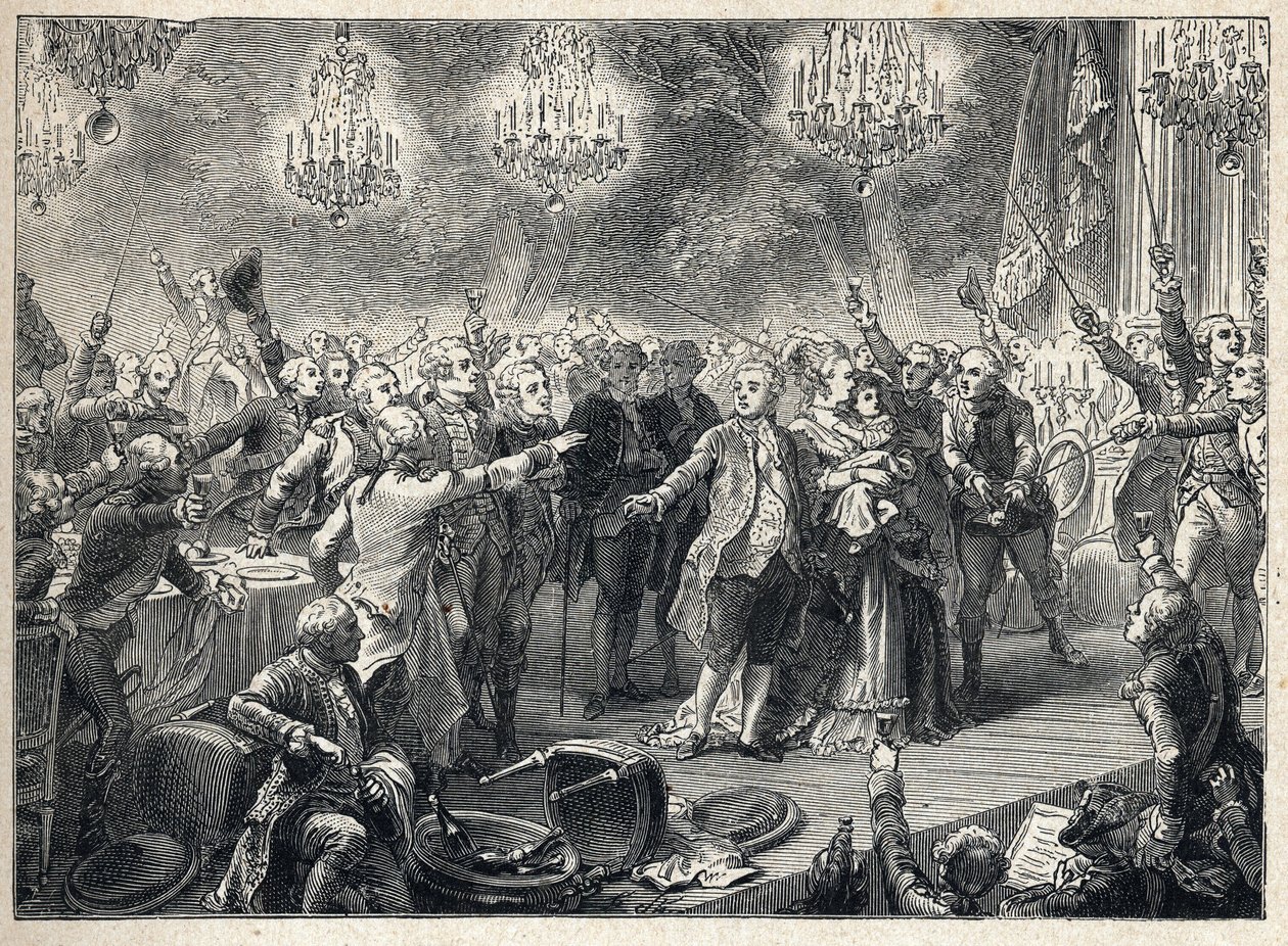 Francia forradalom: a királypártiak hűséget esküdnek a monarchiának Marie Antoinette királynő (1755-1793) XVI. Lajos királya (1754-1793) és a delfin jelenlétében az 1789. október 1-jén az Orangeillesrie de Versaillesrie-ben rendezett testőrségi lakomán. - alkotó: French School