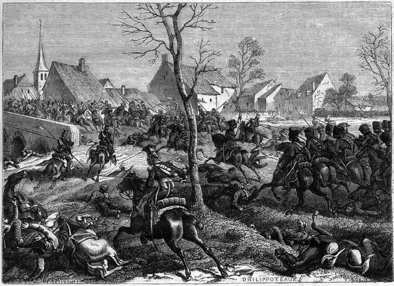 Francia és lengyel csapatok meghódítják a Berryau-Bac (Aisne) hidat, 1814. március - Campagne de France (1814) - Nansouty tábornok az őrség lovasságával és Pac tábornok lengyeleivel átveszi Berryau Bac hídját - in. A birodalom története következik alkotó: French School