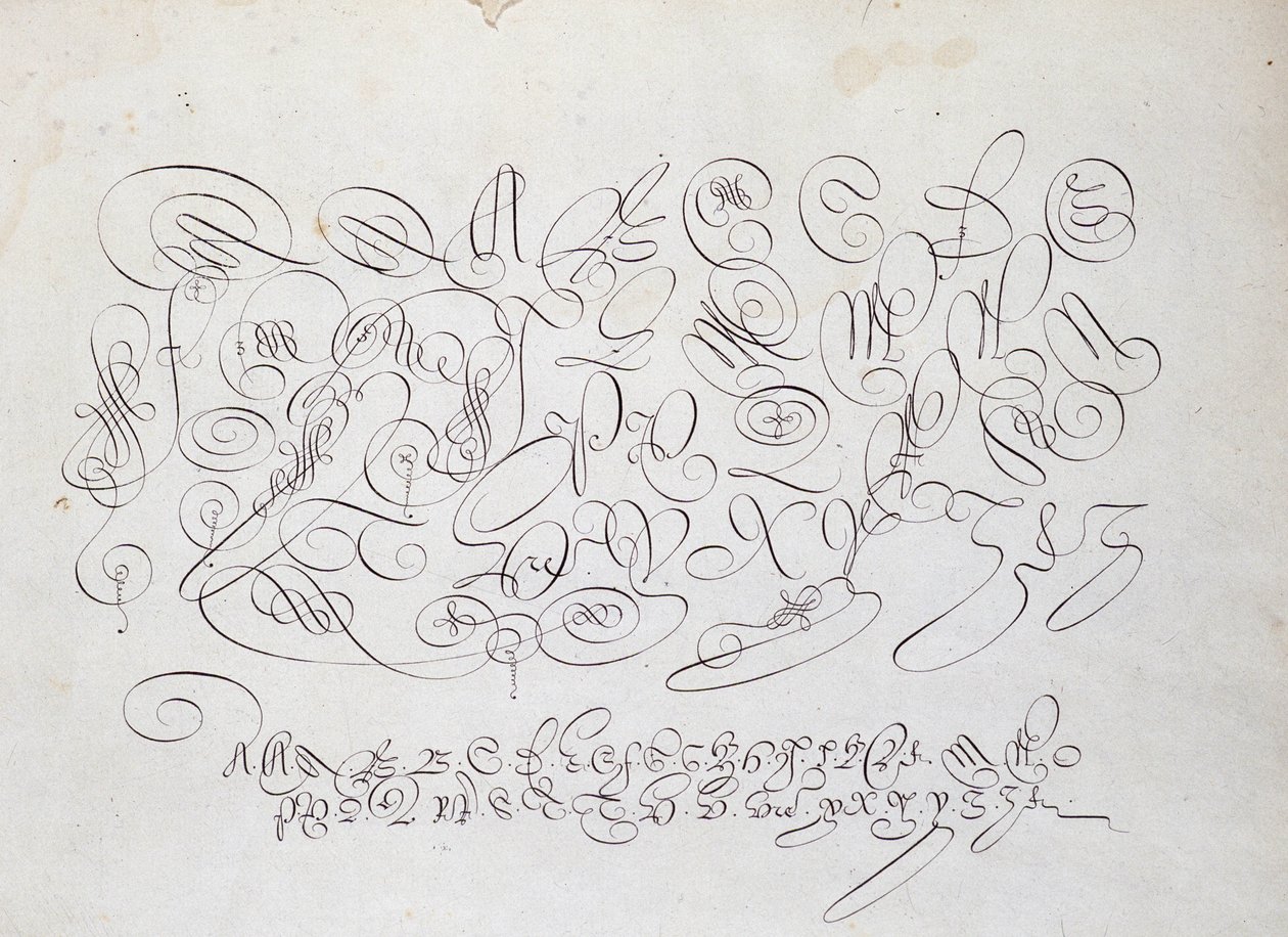 Francia kalligráfia: Kaputábla, Frisius, a király kalkulátorának metszete Robert Vignontól az íráskertben 1600 körül. alkotó: French School