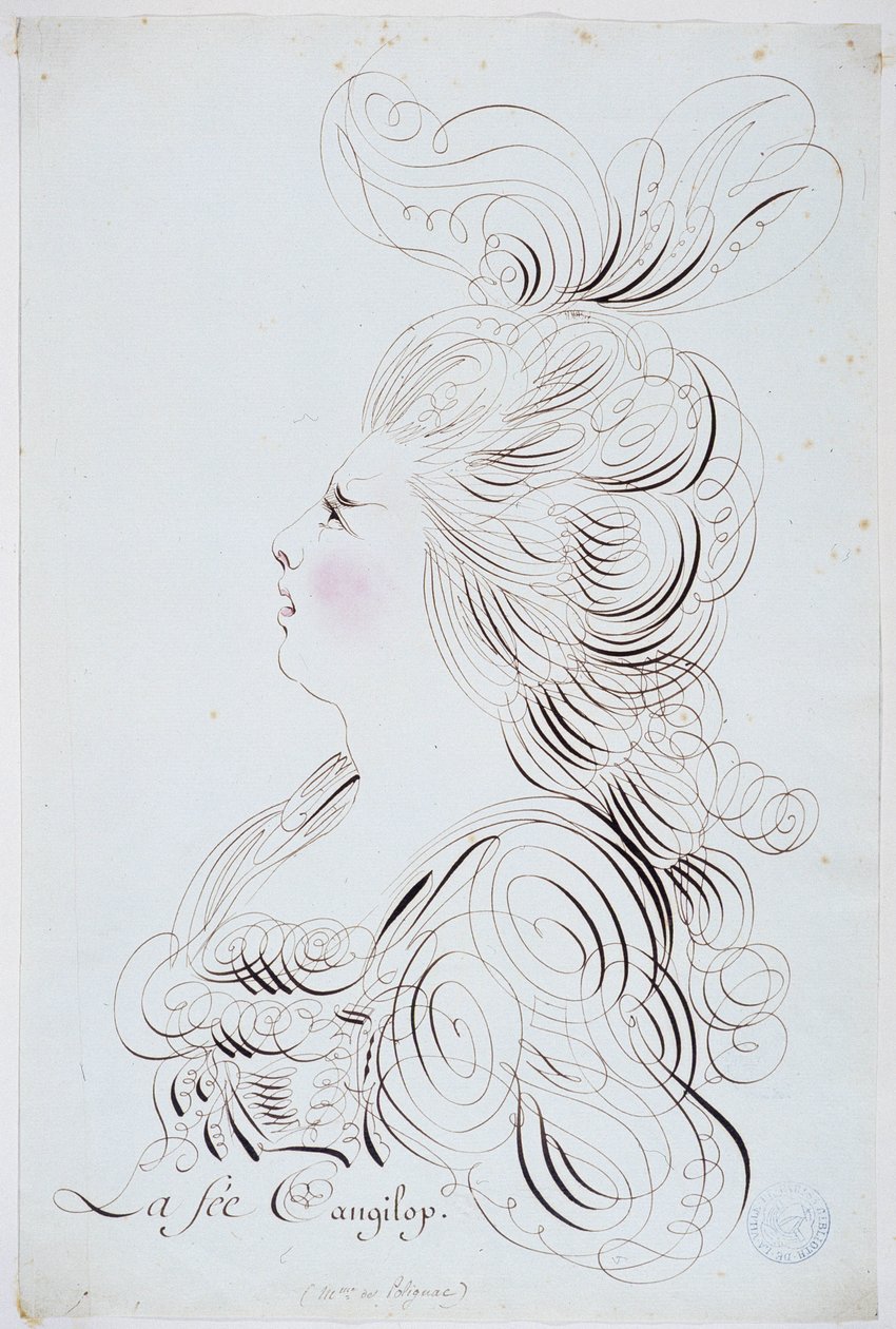 Francia kalligráfia: Polignac hercegnőjének arcképe Bernard de Paris akvarelljével kiemelve 1780 körül. Párizs városának történelmi könyvtára. alkotó: French School