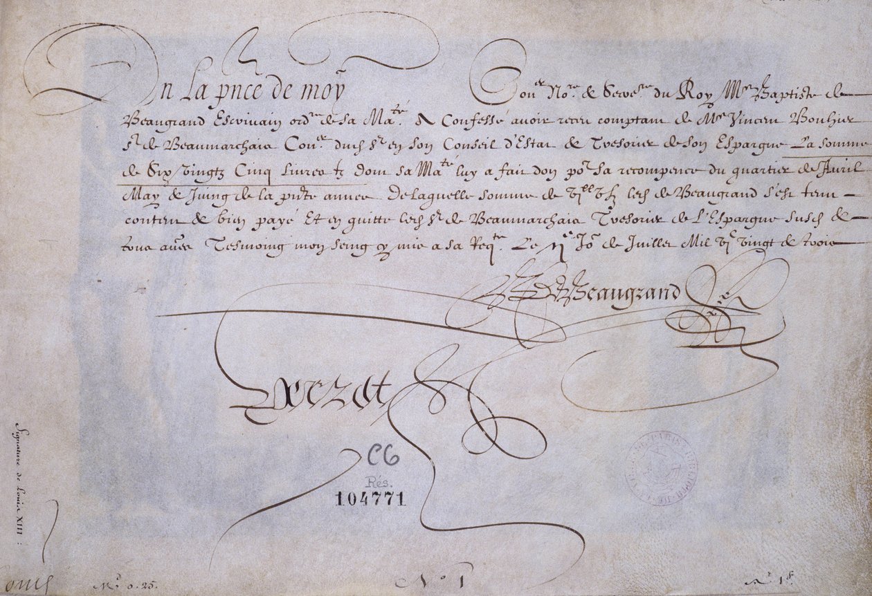 Francia kalligráfia: Recu Bernard de Beaugrand javára Delivre 1623. július 2-án. Párizs város történelmi könyvtára. alkotó: French School