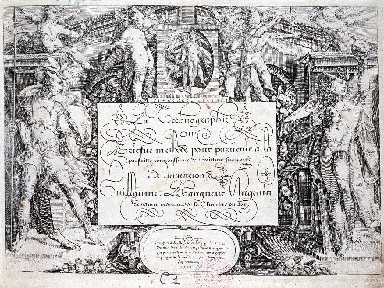 Francia kalligráfia: Technográfia, Guillaume the Gangneur előlapja 1599 körül. Párizs város történelmi könyvtára. alkotó: French School