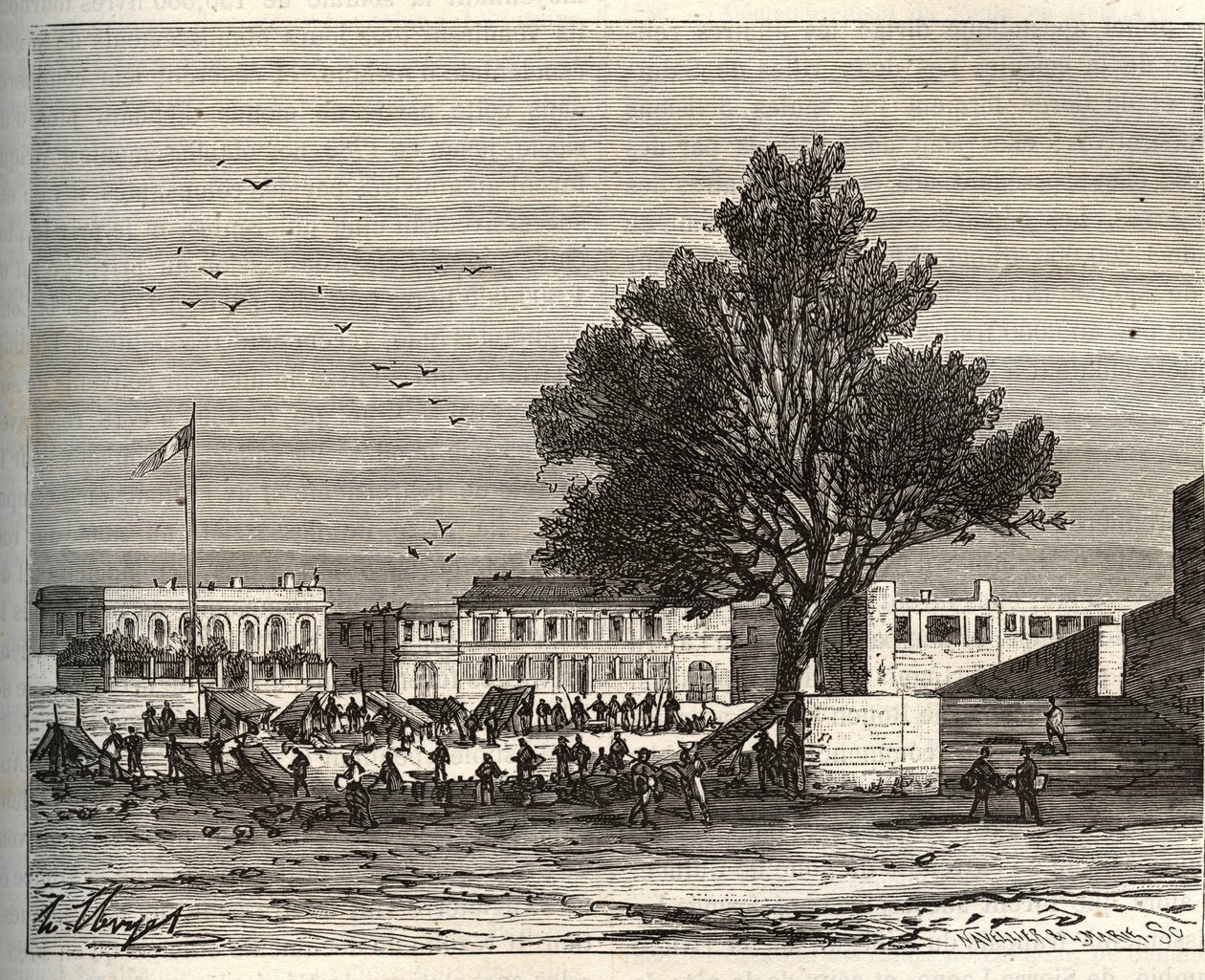 Francia gyarmatok Afrikában - Place du gouvernement a Goree - metszet a „La France illustree: földrajz, történelem, statisztikai igazgatás” című könyvében, V.A. Maláta-barna. 1884 alkotó: French School