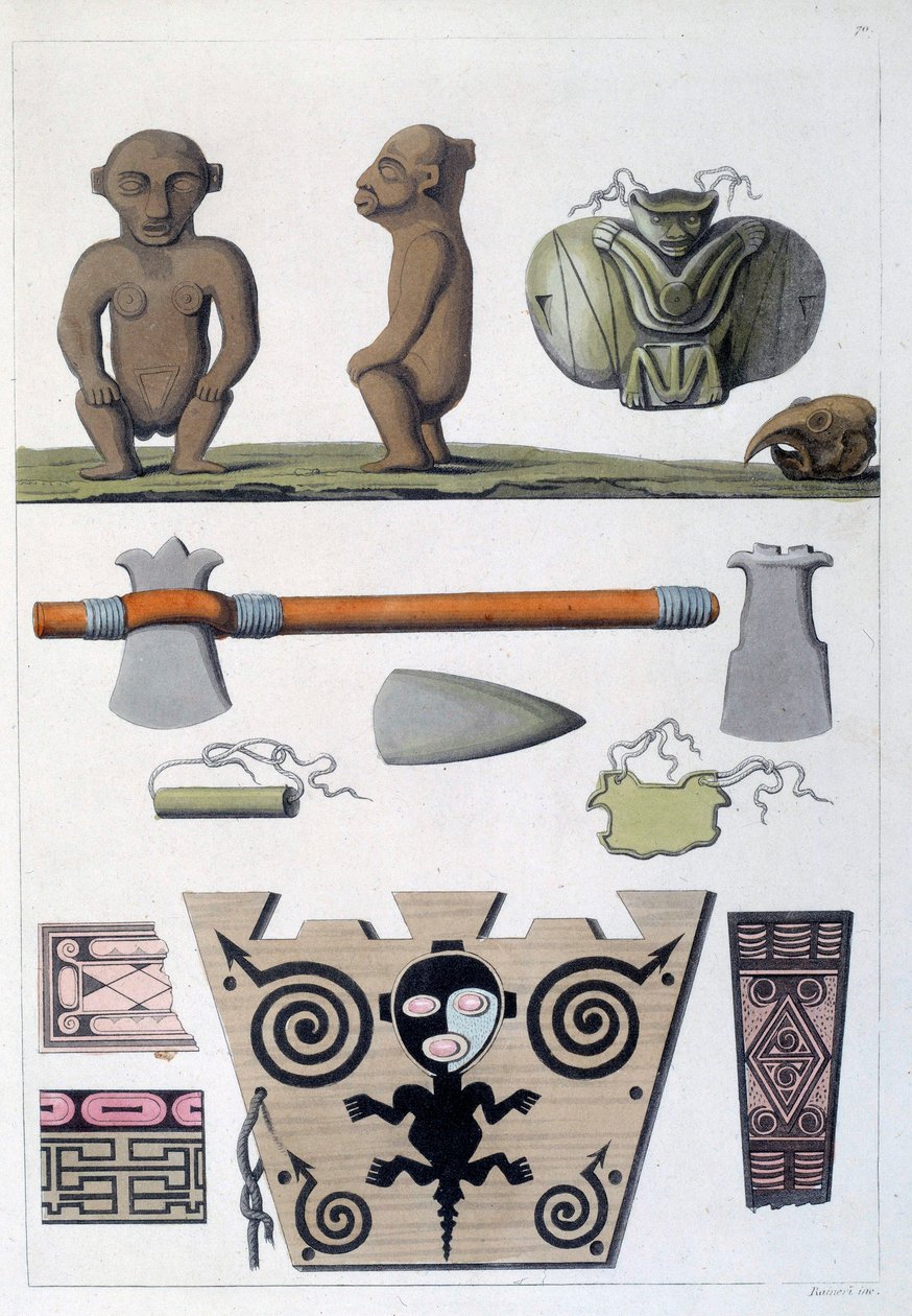 Francia gyarmatok: az arawak objektumai, Martinique első lakói a Nyugat-Indiában. A 19. századi Chartres metszete, Musee des Beaux Arts alkotó: French School