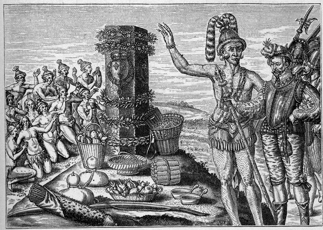 Francia gyarmat Amerikában: A floridaiak szeretik Rene de Laudonniere emlékoszlop-erigee-jét a francia protestáns gyarmatok elleni 1564-es spanyol támadások emlékére. Egy 16. századi metszetről. A „La Marine et les colonies: kereskedelem” című könyvben alkotó: French School