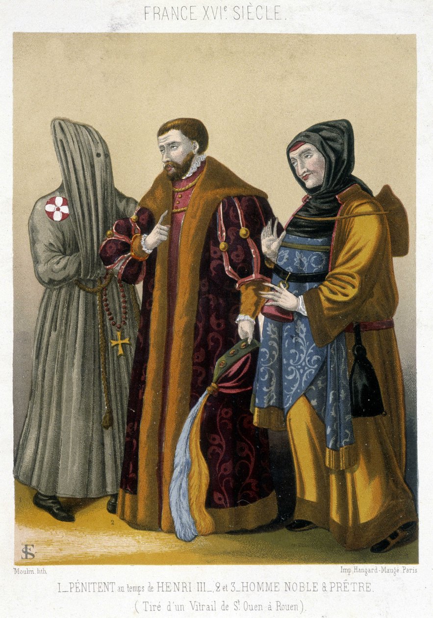 Francia viseletek a 16. században: Bal oldalon egy bűnbánó, középen egy nemes, a jobb oldalon egy pap. A 19. század illusztrációja Saint Ouentől Rouenig. alkotó: French School