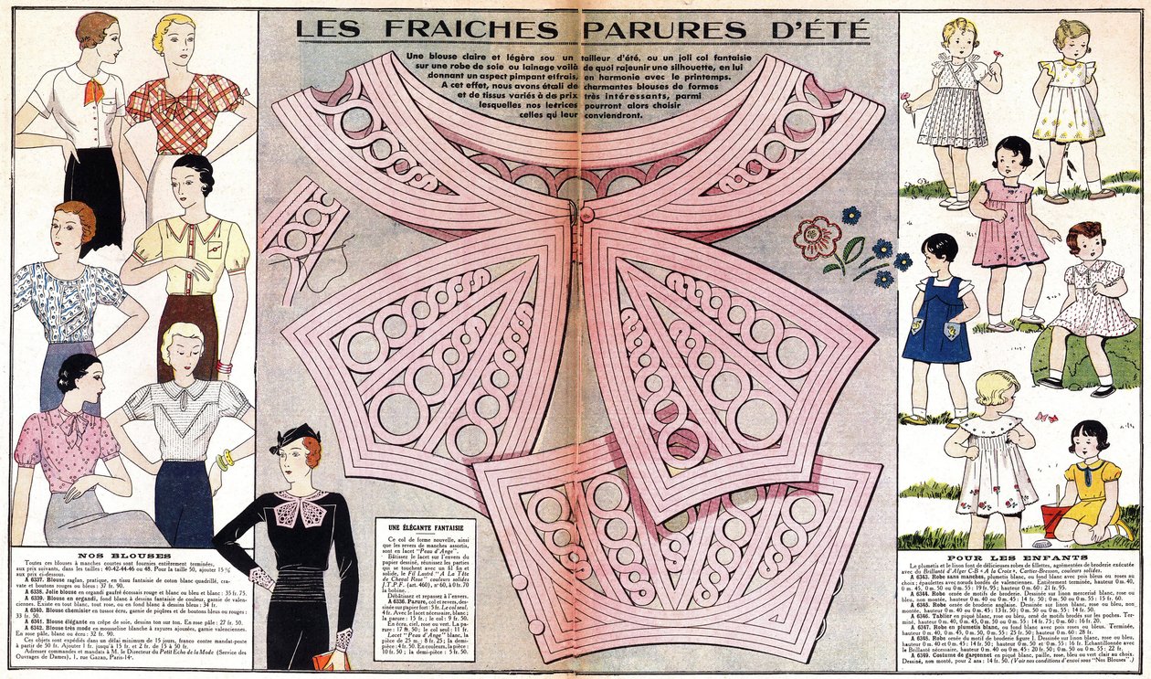 1934 nyarának francia divatja: női divat (blúzok) és gyermeki divat (ruhák és jelmezek). A "Le petit echo de la mode" című könyvben alkotó: French School