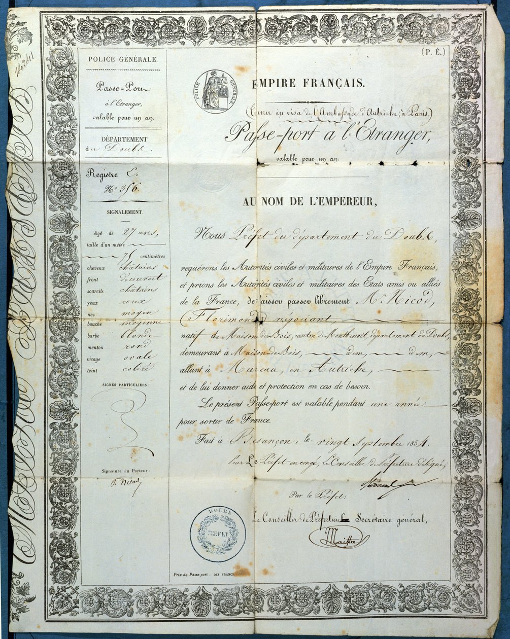 Francia útlevél, Besanconból, 1854. szeptember 20 alkotó: French School
