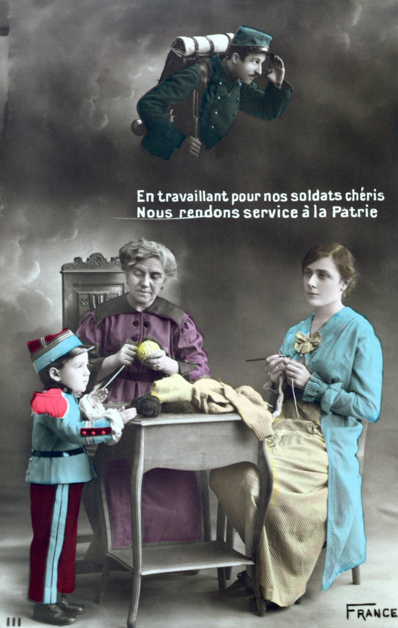 Francia hazafias képeslap, amely a nők szerepét ábrázolja az első világháborúban 1914-18, 1915 alkotó: French School