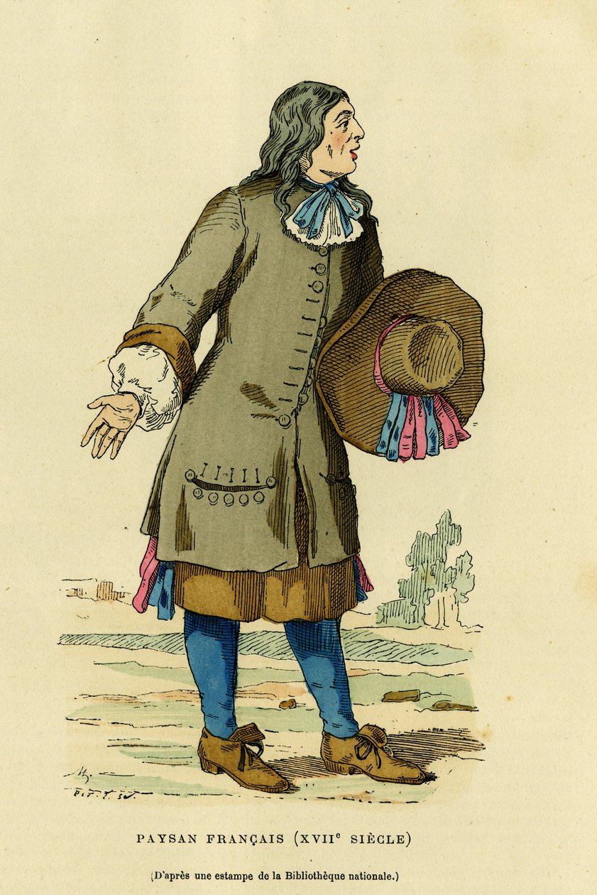 Francia paraszti viselet a 18. században. Színes metszet a nemzeti bibliotéka nyomtatványa után, Augustin Challamel, F. Roy szerkesztő, „France et les francais a travers les centuries” című könyvében, Párizs 1882. Selva Collection. alkotó: French School