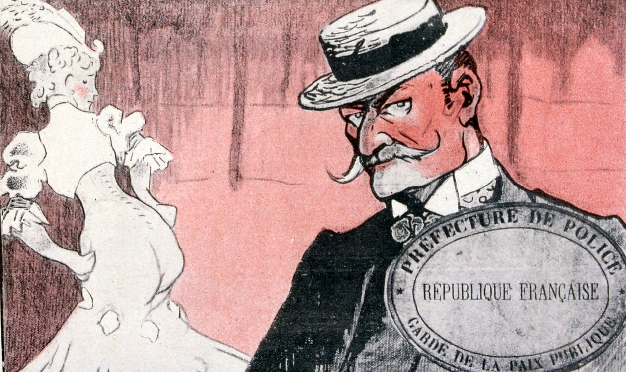 A francia rendőrség egy prostituáltat vizsgál meg, mielőtt letartóztatta volna. 19. századi Franciaország. Francia illusztráció 1890 alkotó: French School