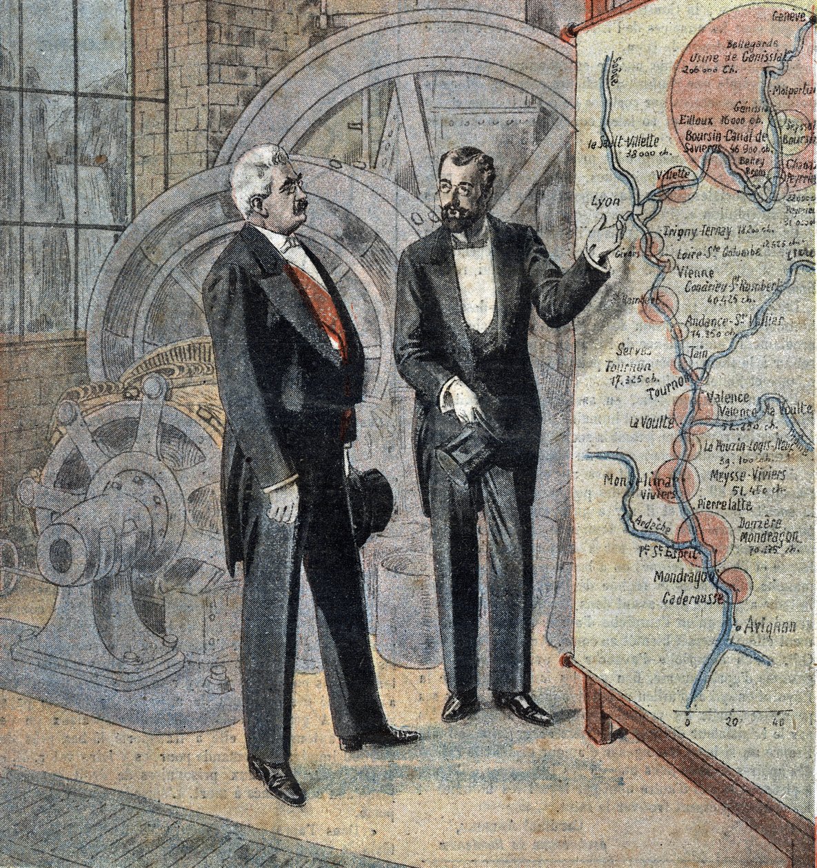 Millerand francia elnök és a Rhone folyón vízerőművek építését tervező mérnök Illusztráció a "Le pelerin" 1921. áprilisi számából. alkotó: French School