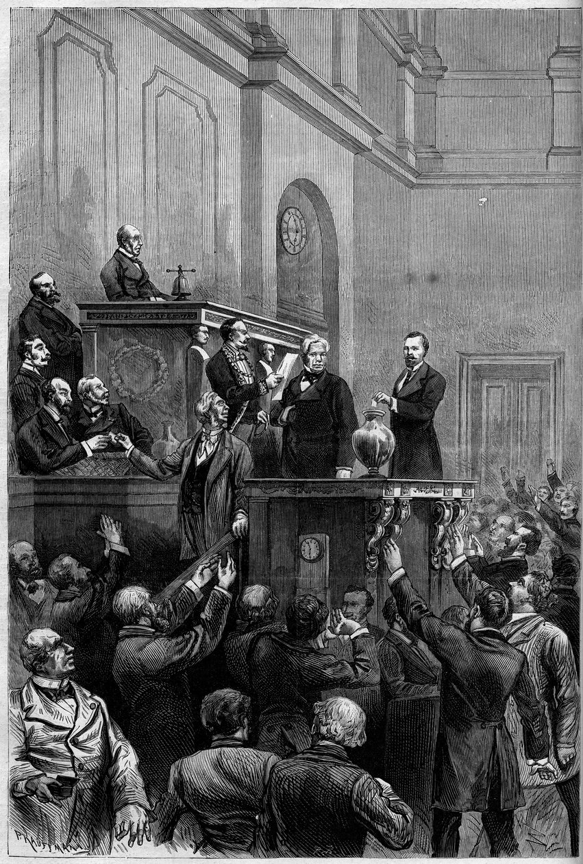 Francia elnökválasztás, 1879. január 30.: Mac Mahon (Mac-Mahon) lemondását követően a parlamenti képviselők megszavazták a köztársaság új elnökét. A metszet azt ábrázolja, hogy Jules Armand (Jules-Armand) Dufaure (1798-1881) leadja szavazatát alkotó: French School