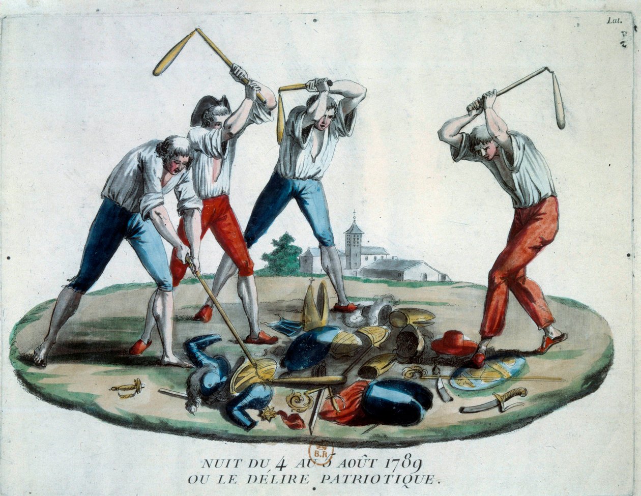 Francia forradalom: allegóriája 1789. 08. 04. éjszakájáról, amikor a feodális kiváltságokat és jogokat eltörölték. A Patriot nép tagjai megsemmisítik a nemesség, a papság és a páncél szimbólumait. Metszet 1789-ből. Párizs, Arzenál könyvtára alkotó: French School