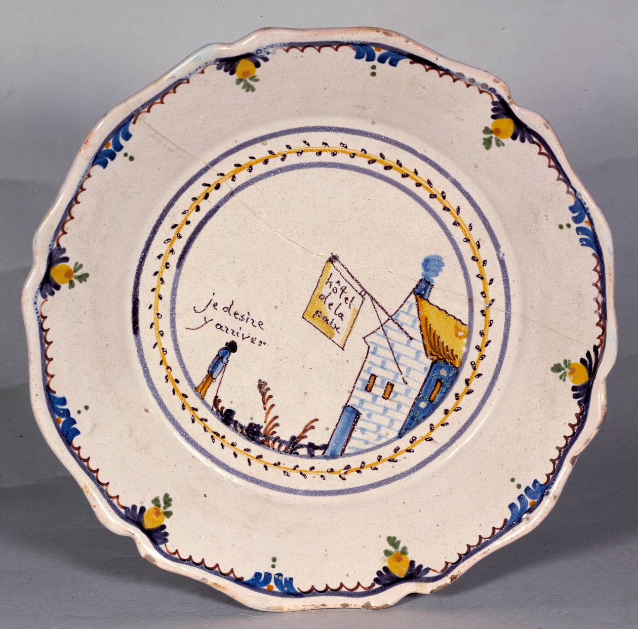 Francia forradalom: tábla a hotel de la paix ábrázolásával „Je vágy, hogy eljussak””. 18. századi kerámia. Soha, Musee Frederic Blandin alkotó: French School