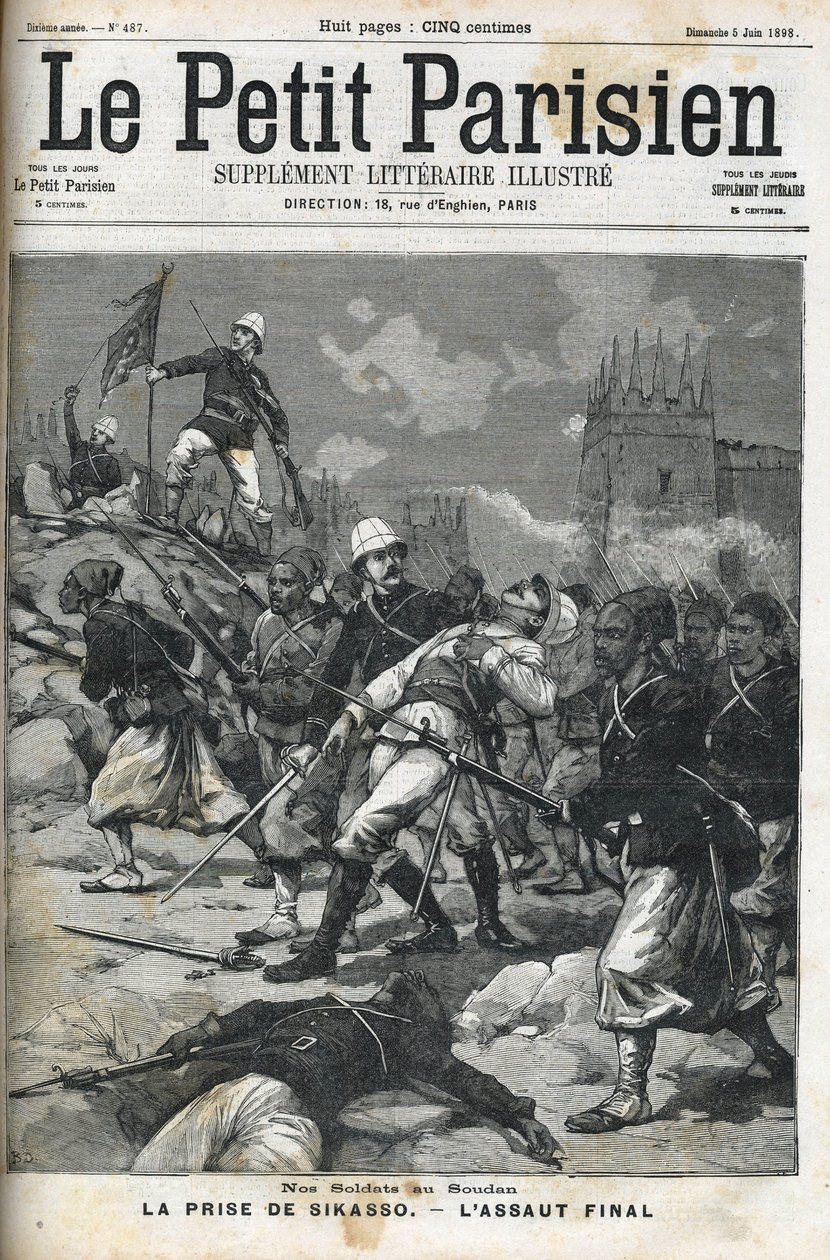 Francia katonák Szudánban: 1898. május. Audeoud ezredes (Szudán) Sikasso kizsákmányolása. Sikasso elfogása. A „Le petit parisien”” 1898. júniusi borítója. alkotó: French School