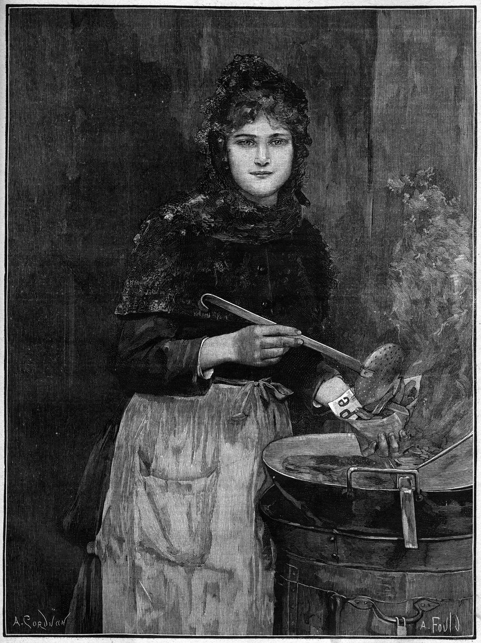 Sült burgonya kereskedő; 1888-as metszet Achilles Foald festményéről. alkotó: French School