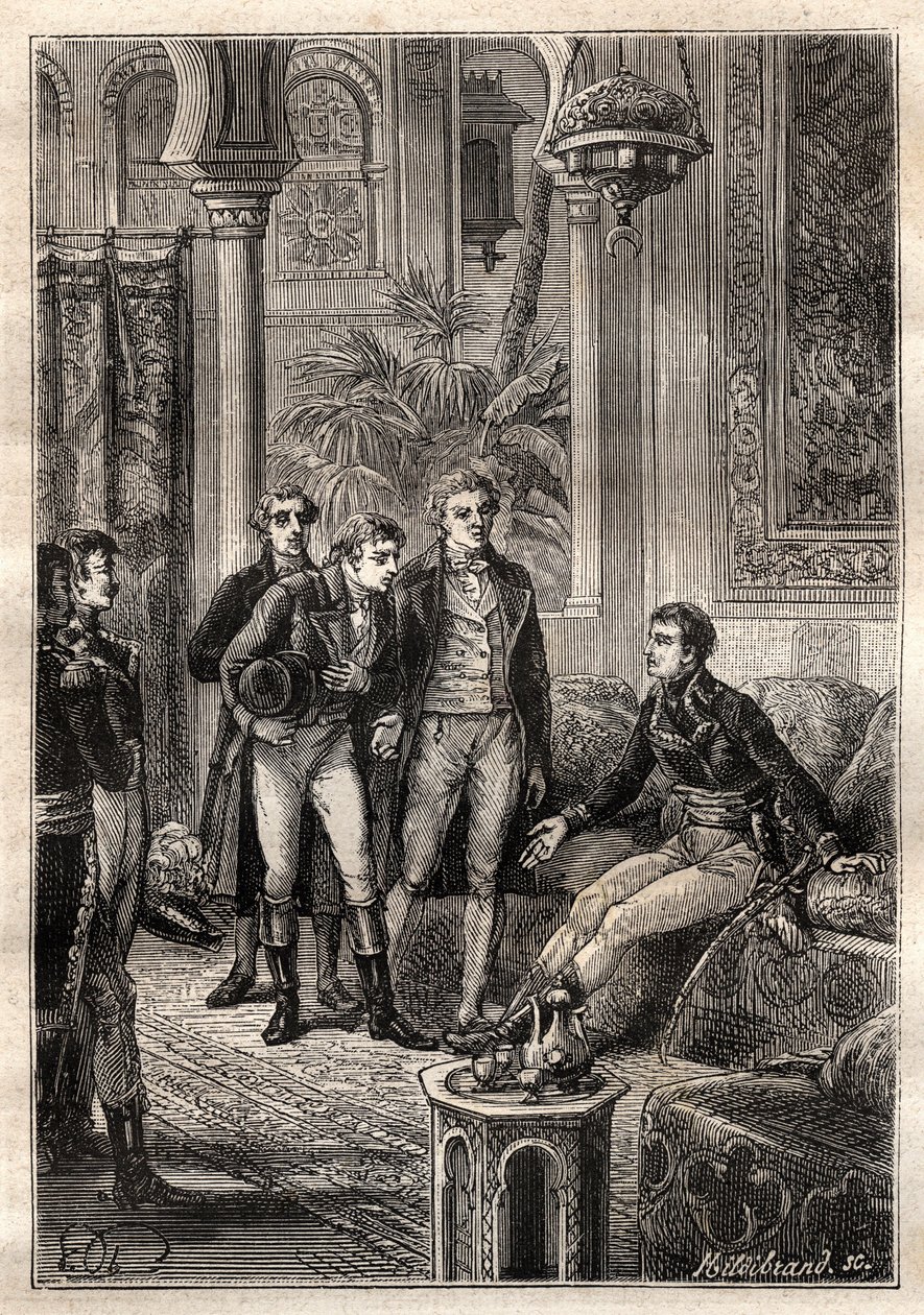 Friedrich Konrad Hornemann (1772-1801) 1797-ben Kairóban találkozott Bonaparte Napóleonnal Gaspard Monge (1746-1818) és Claude Louis Berthollet (1748-1822) jelenlétében – az illusztráció a „18. századi nagy tengerészek” című könyvből vett. alkotó: French School