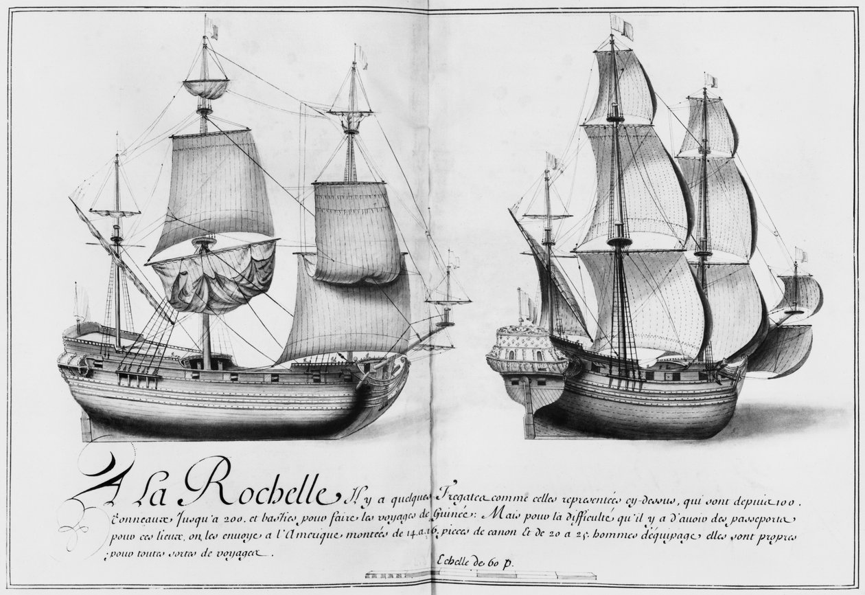 Fregattok, La Rochelle, illusztráció a „Desseins des differentes manieres de ships ... from Nantes to Bayonne...” című könyvből, 1679 (ceruza és WC papíron) (bw fotó) alkotó: French School