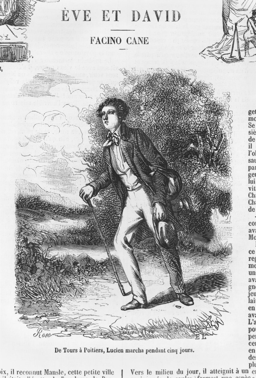 Tourstól Poitiers-ig, Lucien de Rubempre öt napig sétál, illusztrációja a „Les Illusions perdues” című könyvéből, Honore de Balzac alkotó: French School