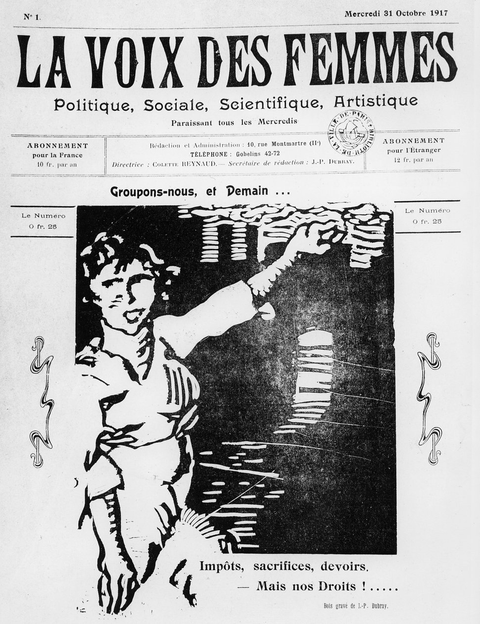 A La Voix des Femmes első borítója, Párizsban, 1917 októberében (nyomtatott papír és fametszet) alkotó: French School