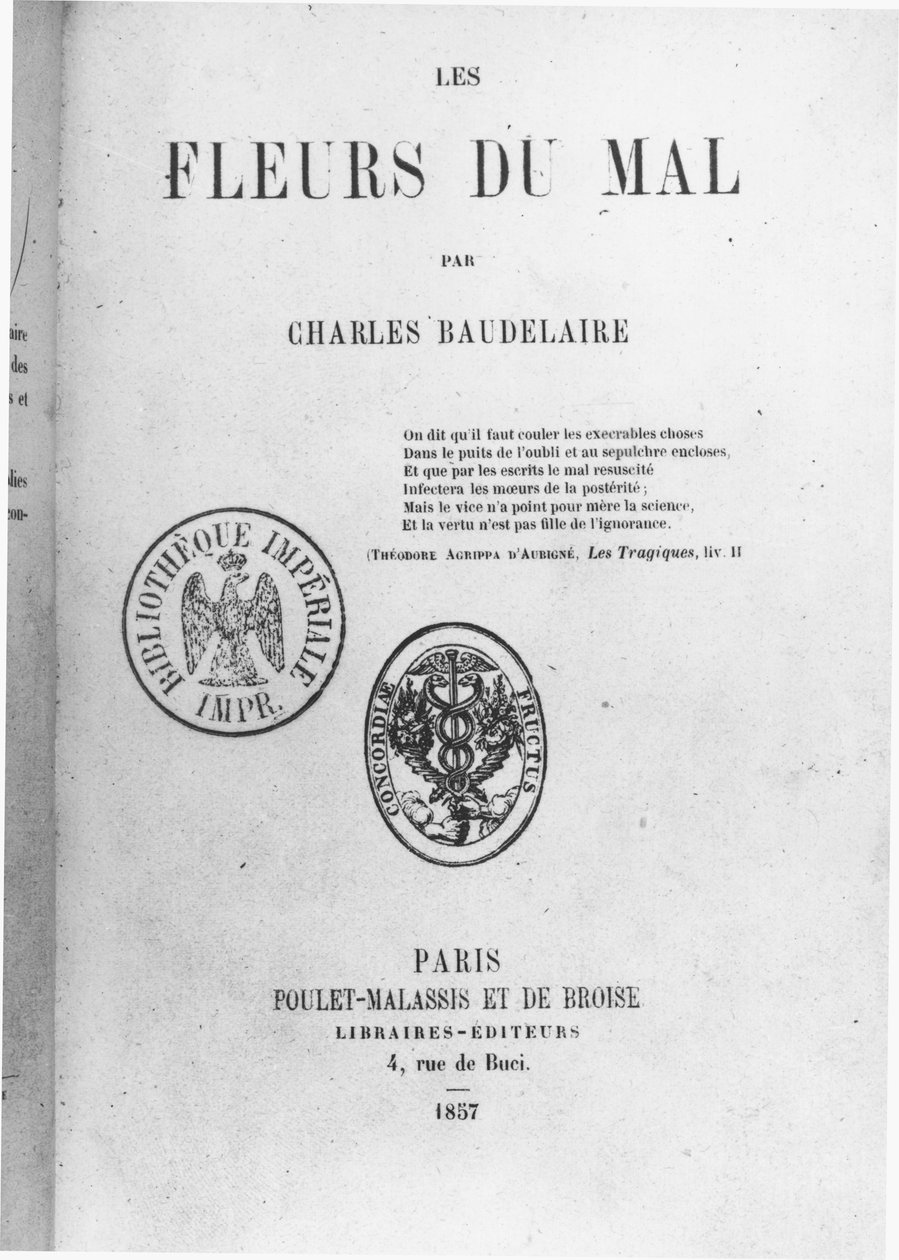 Charles Baudelaire (1821-67) Les Fleurs du mal első kiadásának első borítója, Poulet-Malassis et de Broise, 1857 alkotó: French School