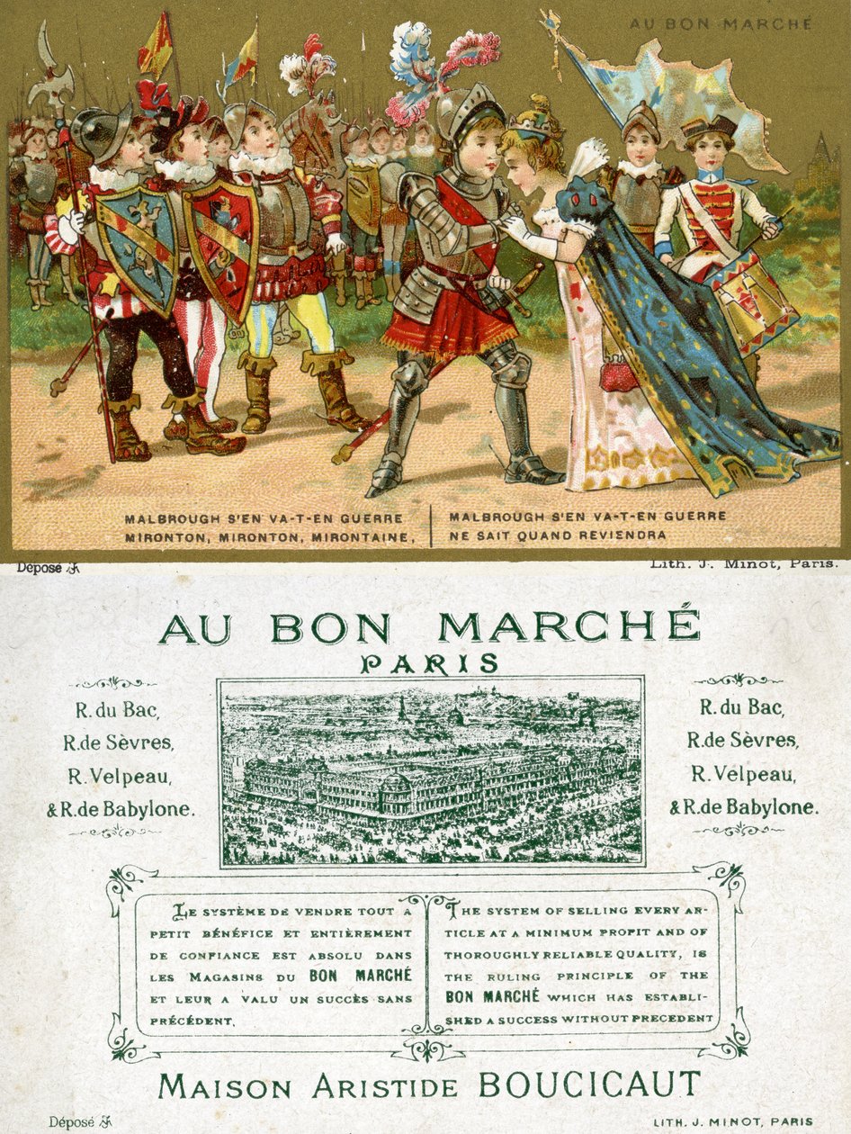 Az Au Bon Marché párizsi áruház promóciós kártyájának elülső és hátlapja, amely az egyik legnépszerűbb francia nyelvű népdalt, a Marlbrough sen va-t-en guerre-t (Marlborough) ábrázolja. alkotó: French School