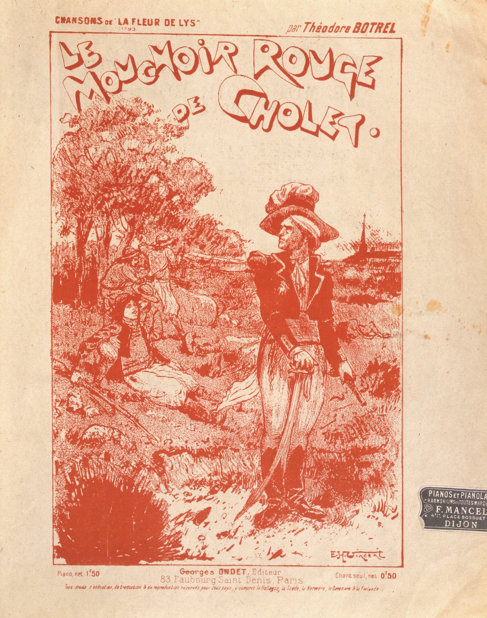 Borító a Le Mouchoir Rouge de Cholet című dal kottájához, írta és komponálta: Theodore Botrel alkotó: French School