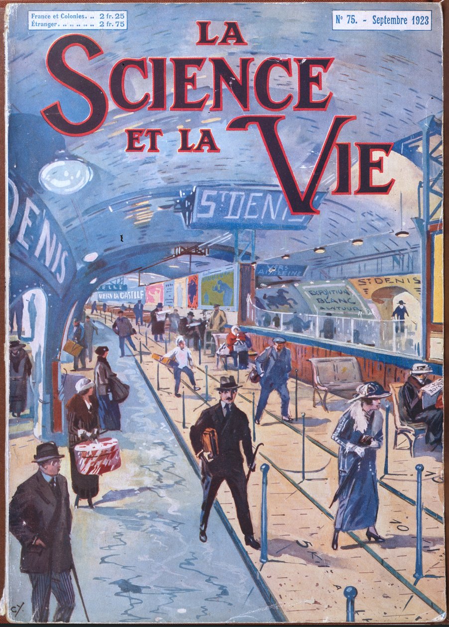 A "La Science et la Vie" címlapja, amely a párizsi metró mozgójárda tervét mutatja be, 1923 szeptembere (színes litográfia). alkotó: French School