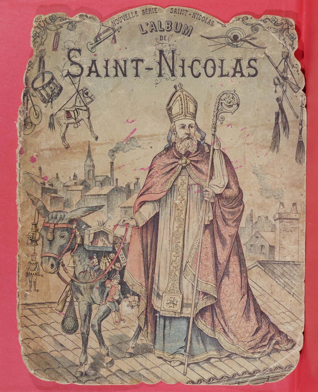 A gyerekeknek ajándékot hozó Szent Miklóst ábrázoló képesalbum előlapja, 19. század vége (színes metszet) alkotó: French School