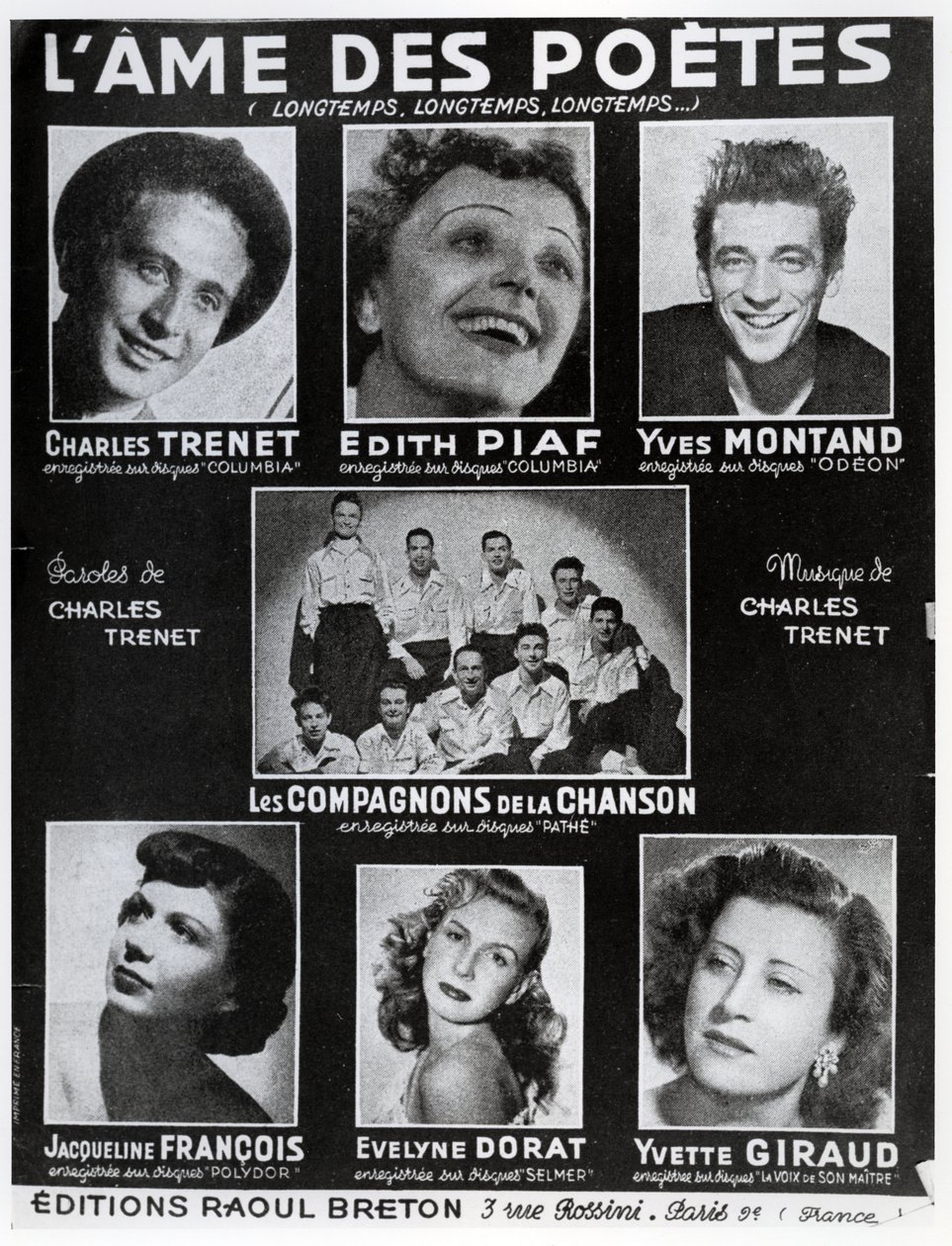 A LAme des Poetes című dal partitúrájának első borítója Charles Trenet szavaival és zenéjével, amelyet Párizsban adott ki az Editions Raoul Breton alkotó: French School