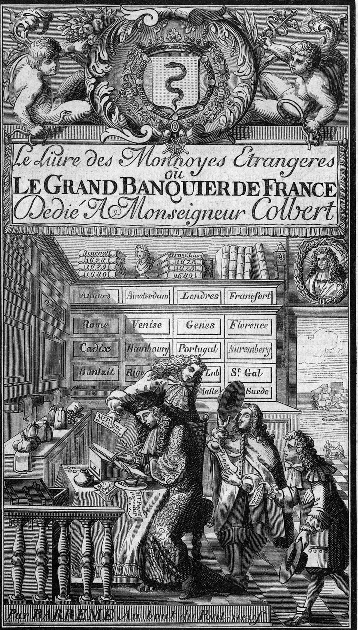 Francois Barreme (1638-1703) francia matematikus „A külföldi pénznemek könyve vagy Franciaország nagy bankárja” (1687) frontképe. A tollíró karakter valószínűleg a szerző portréja. Gravírozás a „” The Festői Áruházban”” alkotó: French School