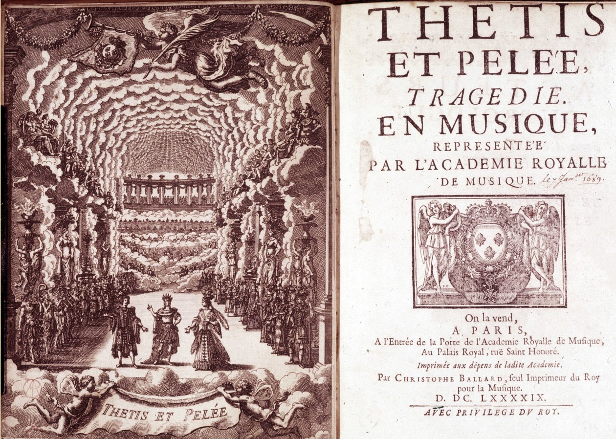 A Thetis és Pelee tragédiájának frontispice a zenében, amelyet a Royal Music Academy képvisel” alkotó: French School