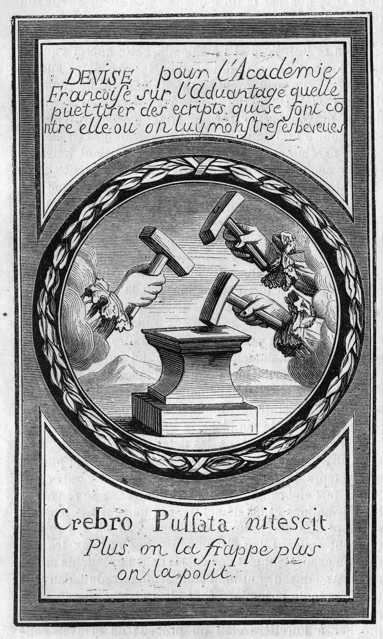 Antoine Furetiere (1619-1688) a „Factumok” frontisze a Francia Akadémiával szemben. Metszet 1860-ból. alkotó: French School
