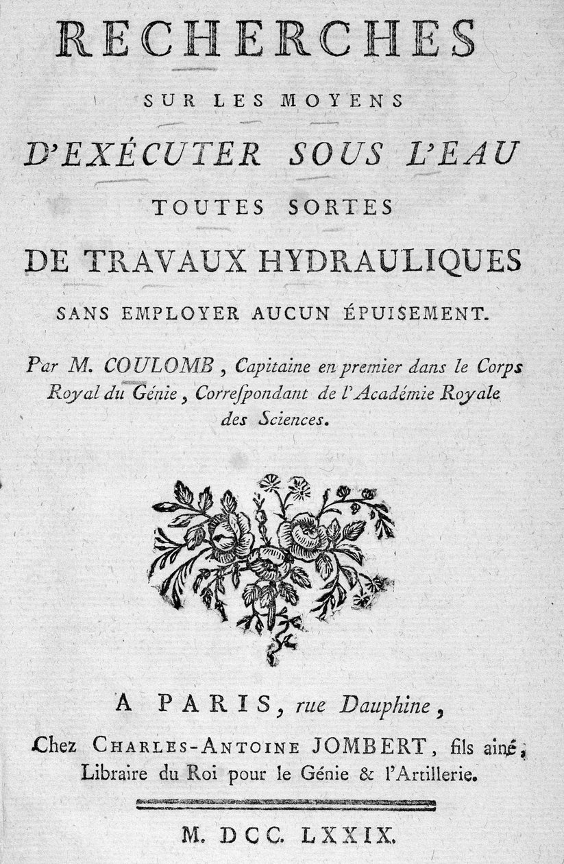 Coulomb „” Kutatások a víz alatti mindenféle hidraulikus munka elvégzésének módjairól” című könyvének frontispice alkotó: French School