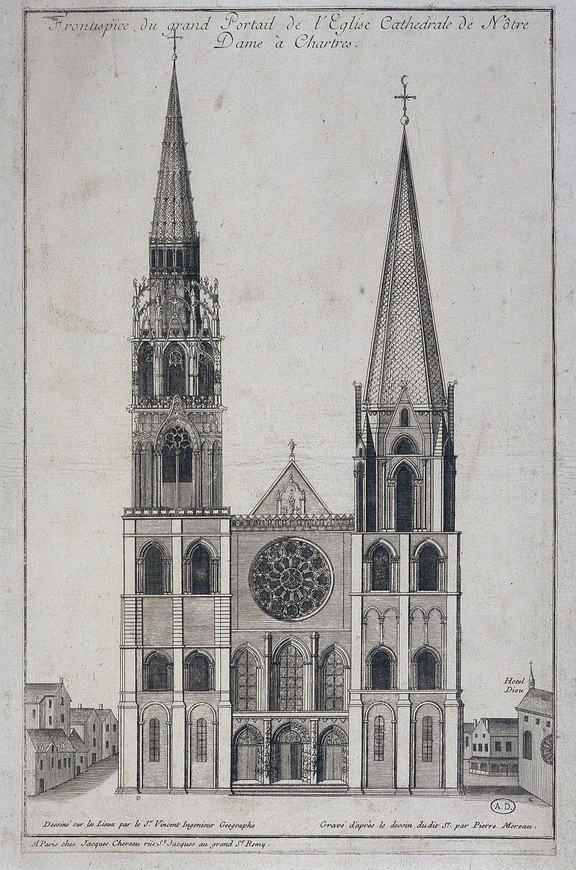 A Cathedrale de Notre Dame à Chartres nagy portáljának homlokzata, amelyet a helyszínen tervezett Saint Vincent Geographer Engineer, sd. 19. század alkotó: French School