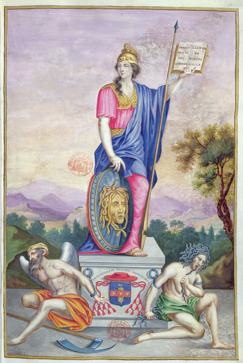 Minerva istennő allegorikus illusztrációja a Les Panegyriques des Hommes Illustres de Notre Siecle-ből, Puget de la Serre, 1655 alkotó: French School