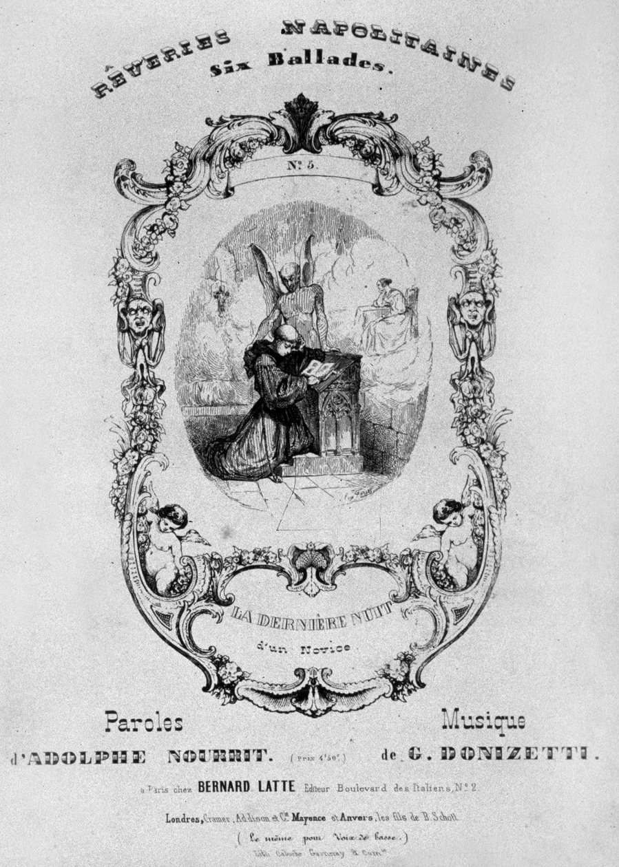 A Reveries Napolitaines zenei partitúrájának frontdarabja, Gaetano Donizetti 6 ballada Adolph Nourrit szavaival, 1838 alkotó: French School