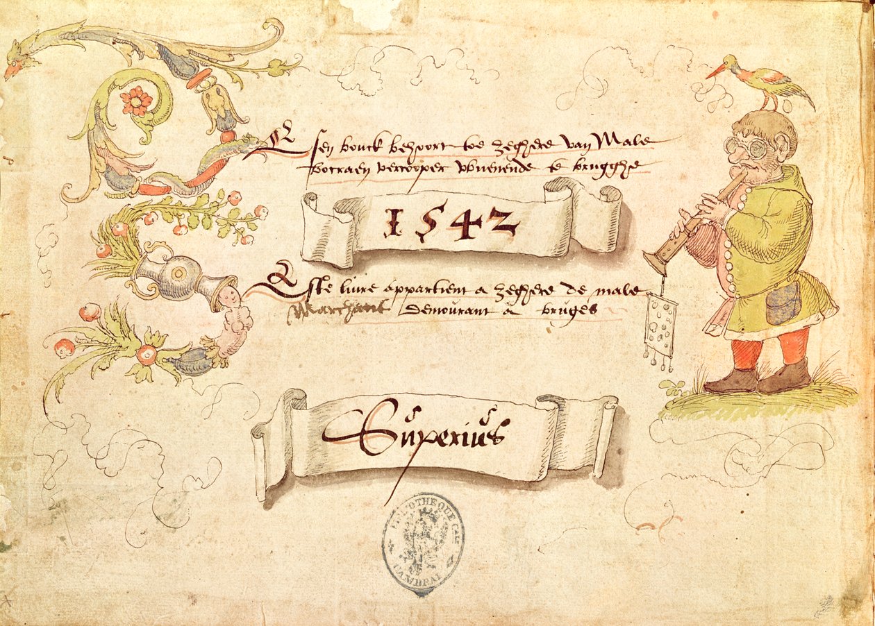 Elülső kép a Recueil de chants religieux et profanes IX-ből, egy szemüveges férfit ábrázol, aki fúvós hangszeren játszik madárral a fején, 1542 alkotó: French School