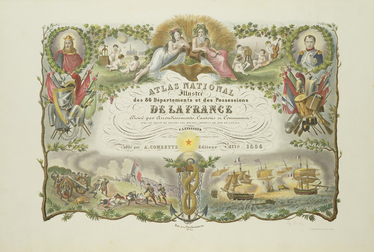 Az Atlas Nacional Illustre des 86 Departments et des Possessions de la France frontispiece, Victor Levasseur 1856 (kézzel színezett metszet) alkotó: French School