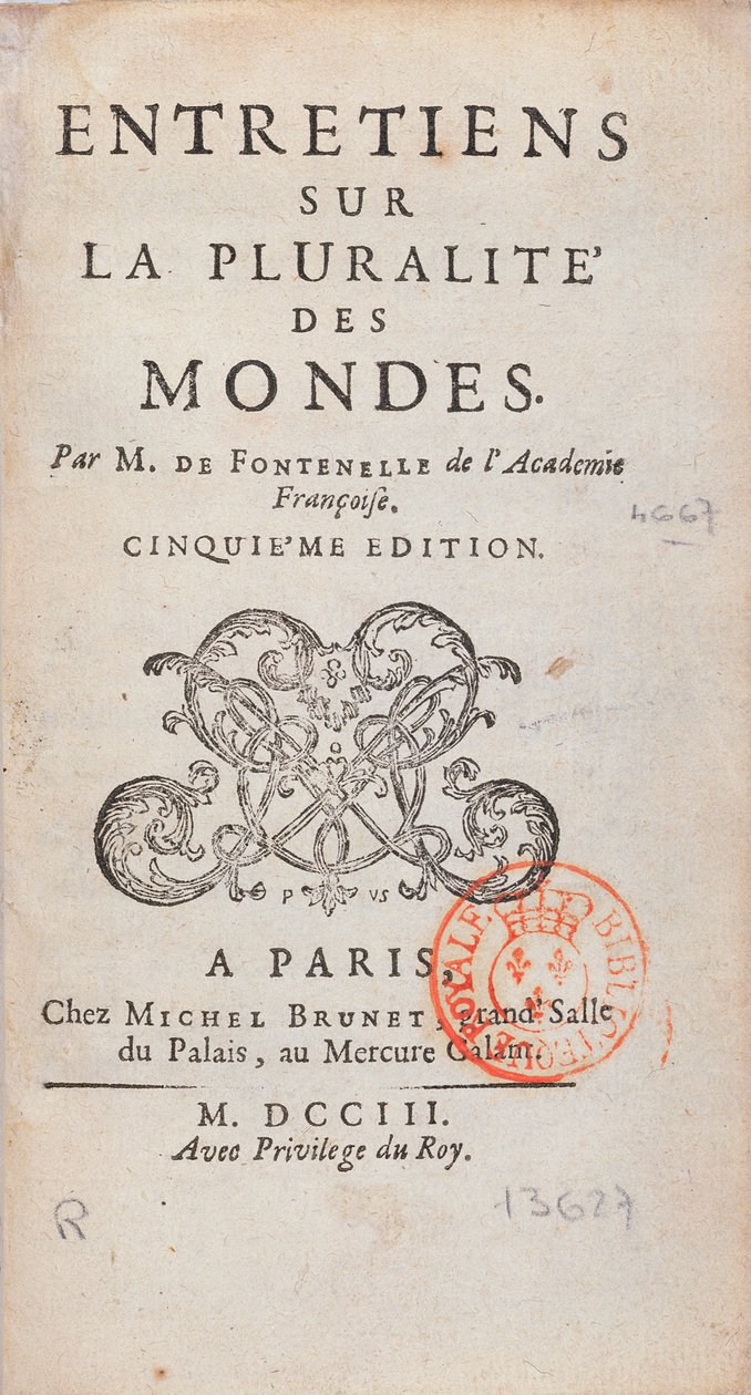 Bernard Le Bovier de Fontenelle (1657-1757) által 1773-ban megjelent Interjúk frontispiece on the Pluralite of Worlds alkotó: French School