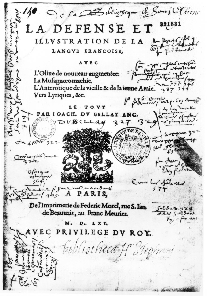 A La Defense et Illustration de la Langue Francaise előlapja, Joachim du Bellay, Federic Morel nyomtatta Párizsban 1561-ben (nyomtatott papír tollal és tintával) alkotó: French School