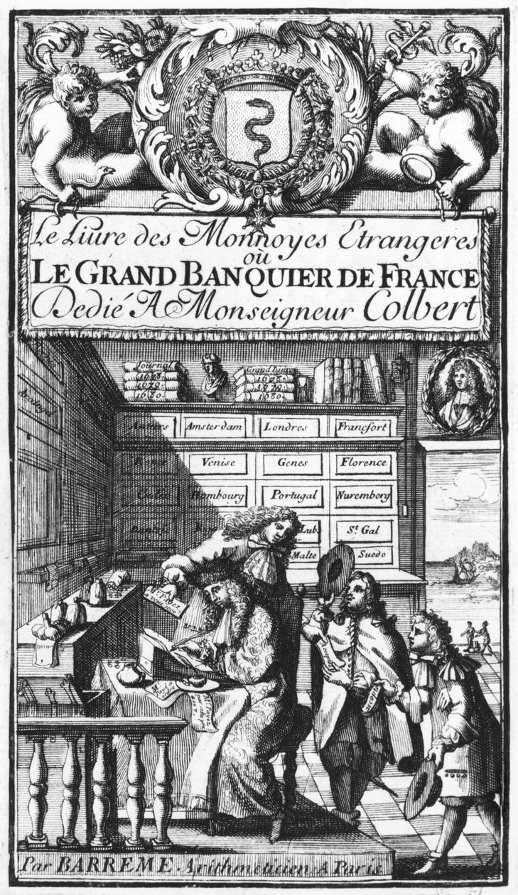 A Le Grand Banquier de France vagy a Le Livre des Monnaies Etrangeres homlokzata, Bertrand Francois Barreme (1640-1703) 17. század vége alkotó: French School