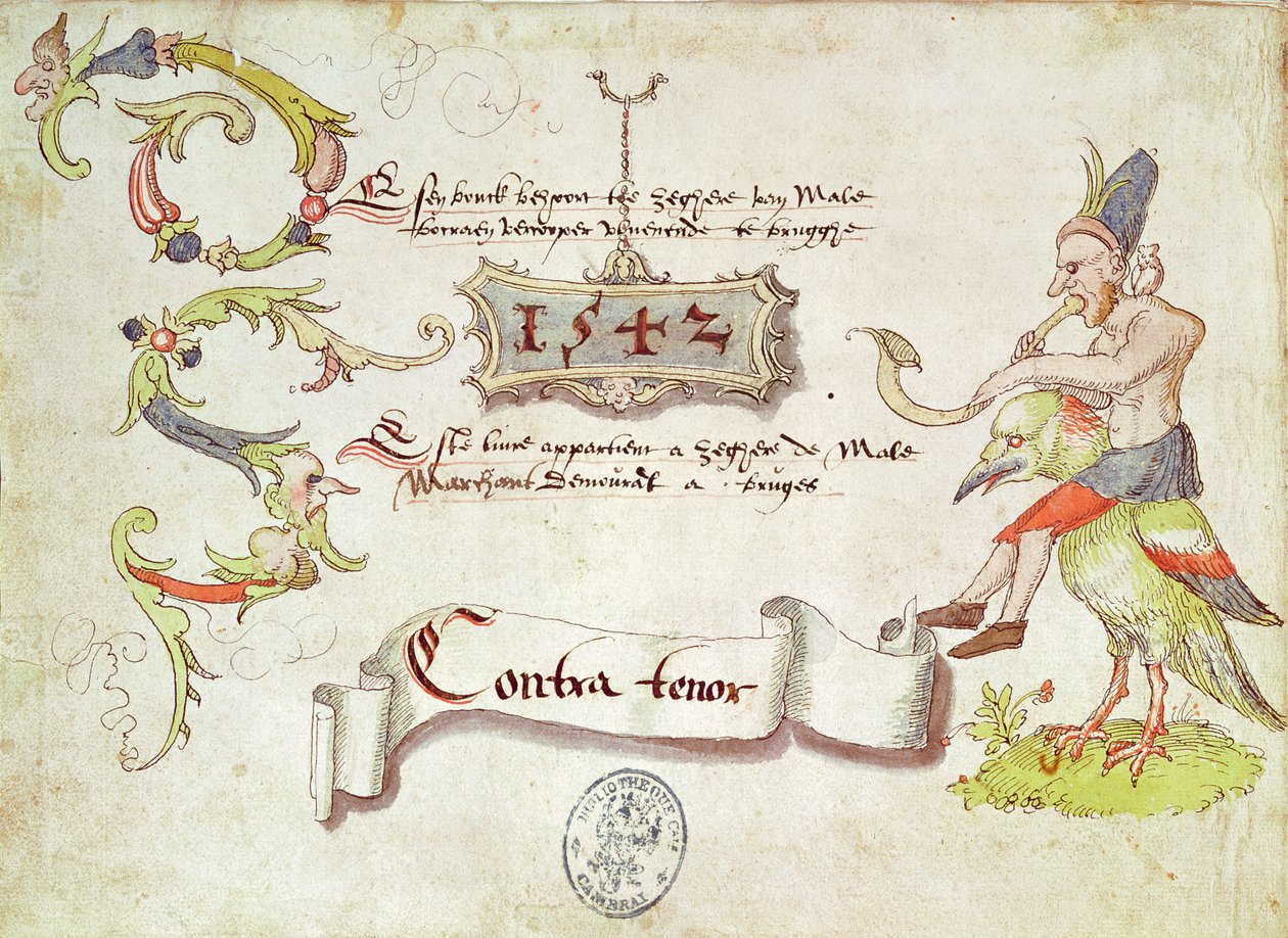 A Recueil de chants religieux et profanes II előképe, amely egy férfit ábrázol, aki görbe fúvós hangszeren játszik, madáron lovagol, kontratenor szólam, 1542 alkotó: French School