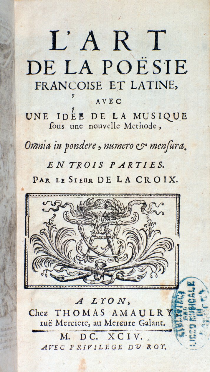 A francia és latin költészet művészetének frontképe, Pherotee La Croix új módszere szerinti zenei ötlettel alkotó: French School