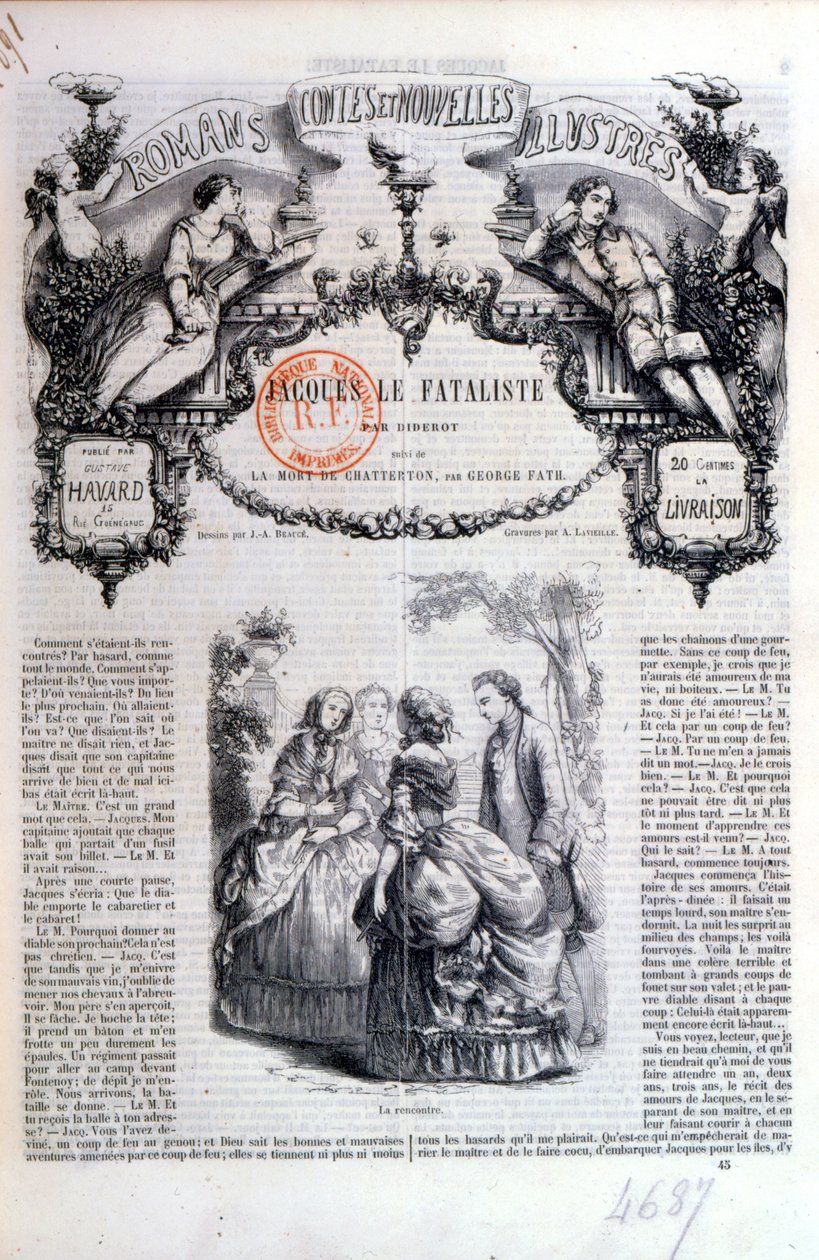 Az 1849-ben Párizsban kiadott Diderot Jacques le Fataliste-t bemutató regény- és történetgyűjtemény előlapja alkotó: French School