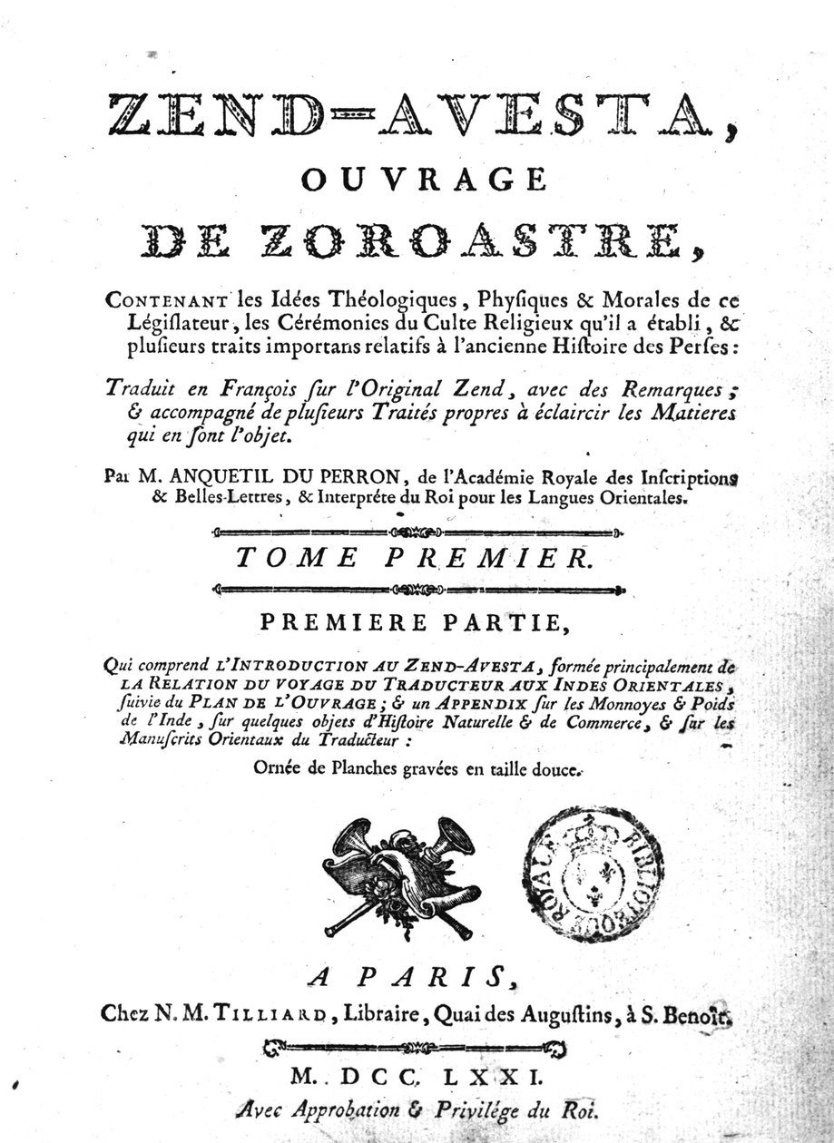 A Zend Avesta 1771-es kiadásának előlapja alkotó: French School