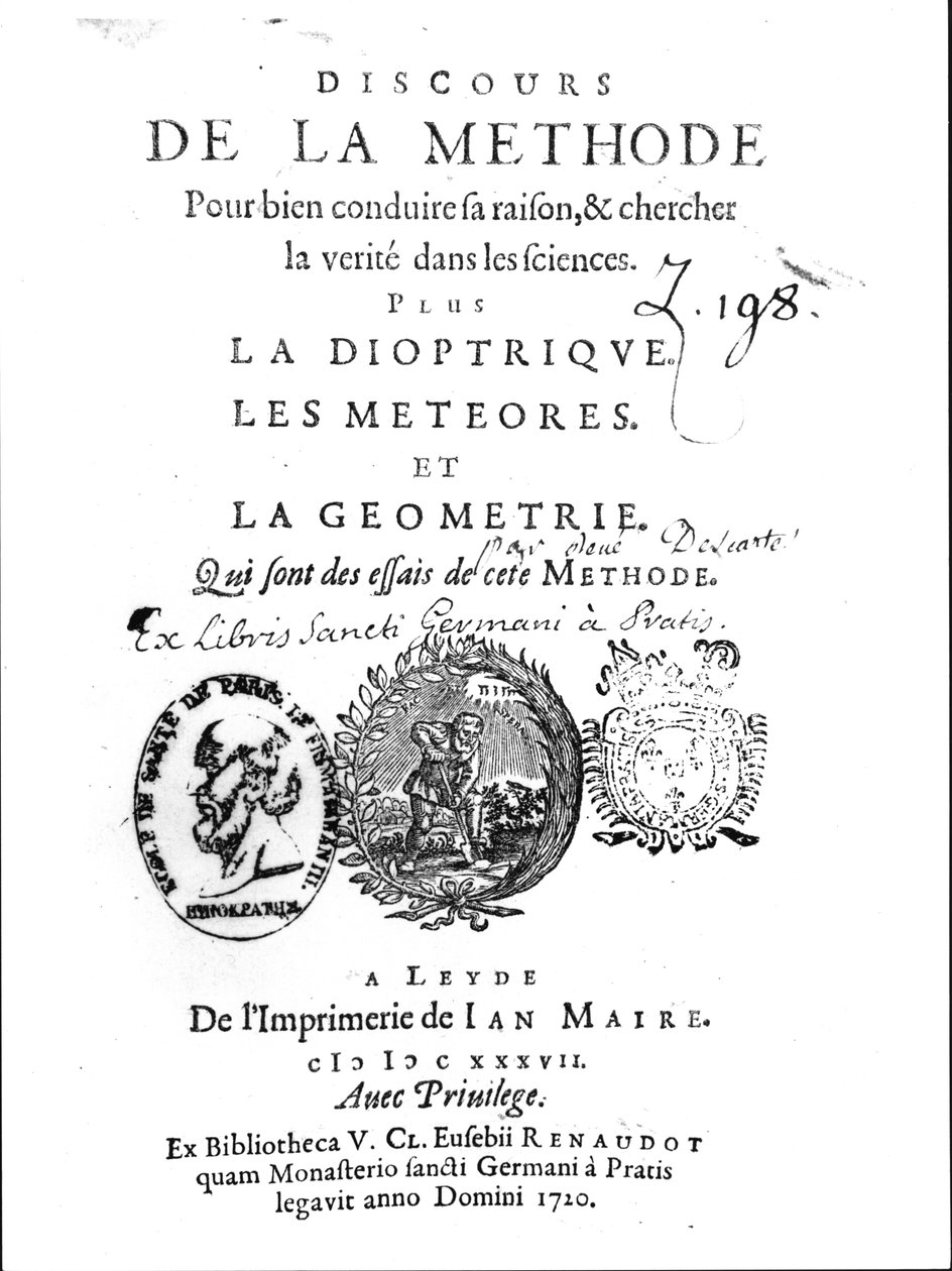 A Discours de la Methode előlapja, majd a La Dioptrique, a Les Meteores et La Geometrie, Rene Descartes (1596-1650), először 1637-ben adták ki Leidenben alkotó: French School