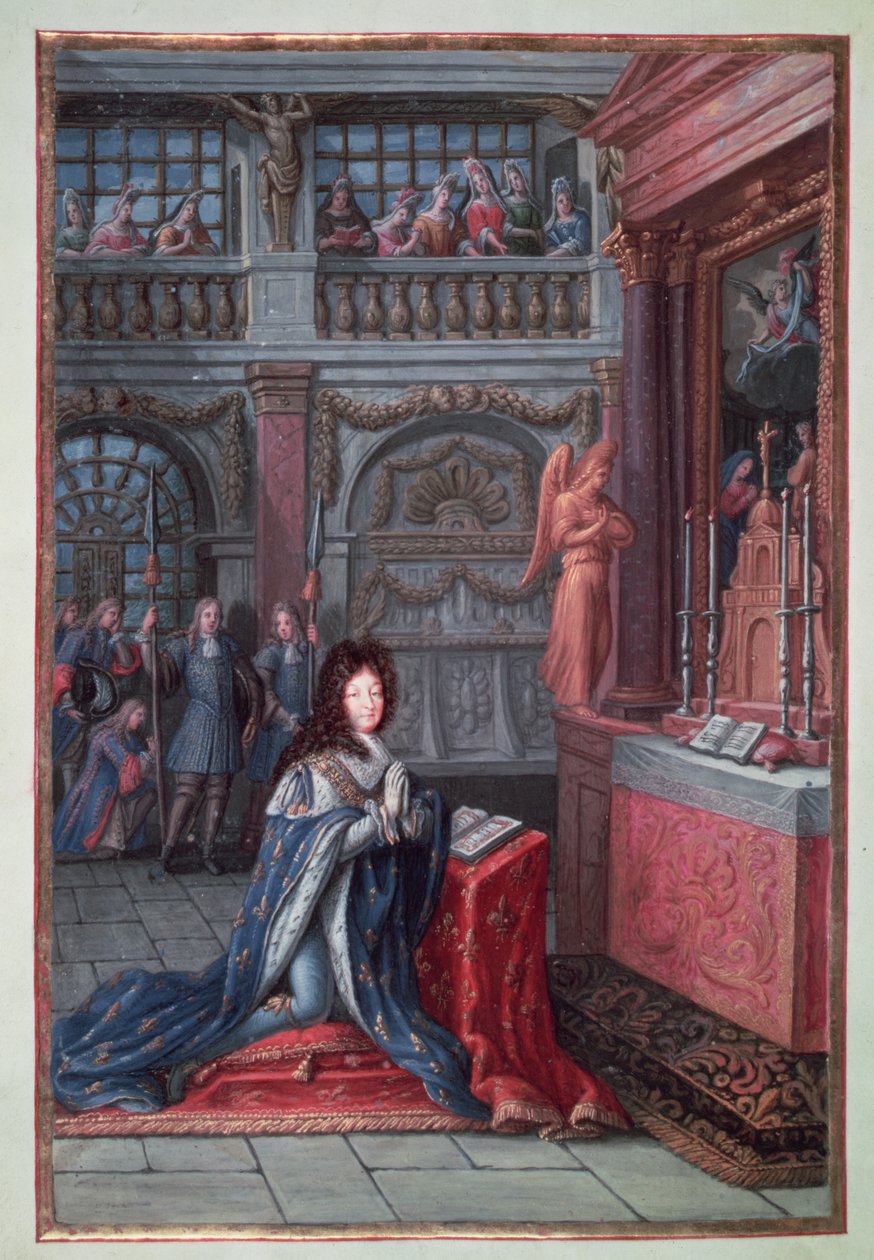 A „XIV. Lajos órái” előképe, amely XIV. Lajost (1638-1715) ábrázolja az imában alkotó: French School