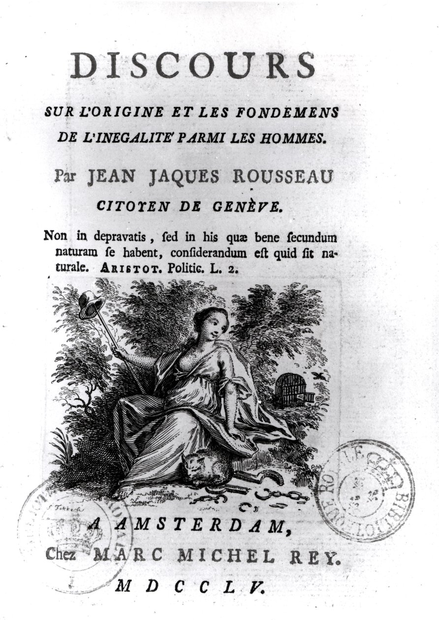 Jean-Jacques Rousseau (1712-78) előlapja a férfiak közötti egyenlőtlenség eredetéről és alapjairól szóló diskurzushoz, 1755 körül alkotó: French School